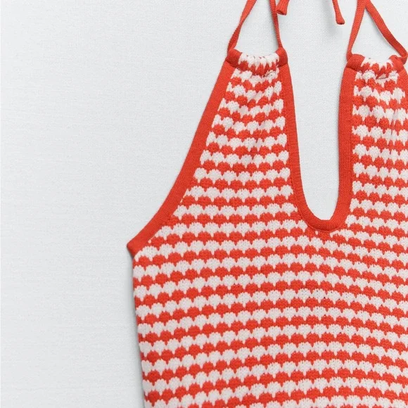 ZARA crochet halter tie crop top! Sleeveless red and white - Picture 4 of 11